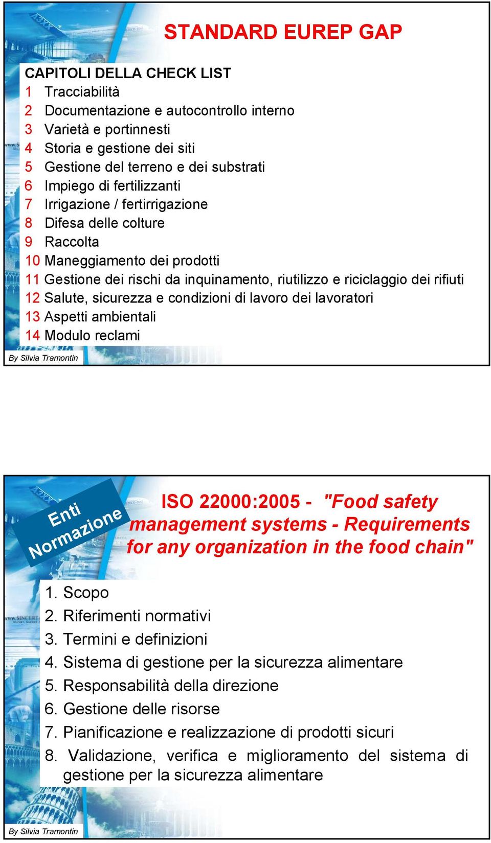 12 Salute, sicurezza e condizioni di lavoro dei lavoratori 13 Aspetti ambientali 14 Modulo reclami Enti Normazione ISO 22000:2005 - "Food safety management systems - Requirements for any organization