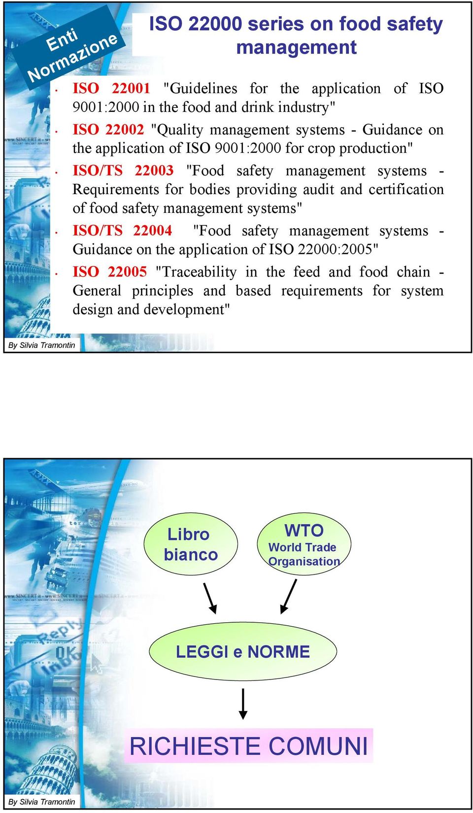 audit and certification of food safety management systems" ISO/TS 22004 "Food safety management systems - Guidance on the application of ISO 22000:2005" ISO 22005