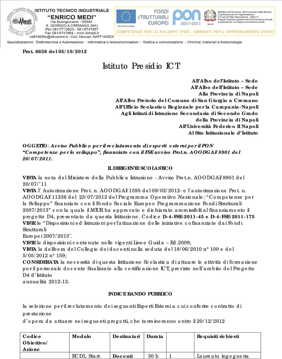 OGGETTO: Avviso Pubblico per il reclutamento di esperti esterni per il PON Competenze per lo sviluppo, finanziato con il FSE avviso Prot.n. AOODGAI/8901 del 20/07/2011.