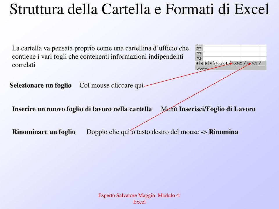 Selezionare un foglio Col mouse cliccare qui Inserire un nuovo foglio di lavoro nella