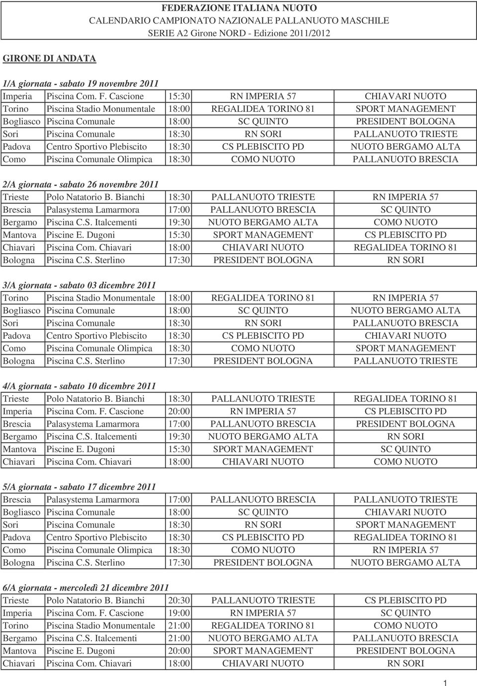 Cascione 15:30 RN IMPERIA 57 CHIAVARI NUOTO Torino Piscina Stadio Monumentale 18:00 REGALIDEA TORINO 81 SPORT MANAGEMENT Bogliasco Piscina Comunale 18:00 SC QUINTO PRESIDENT BOLOGNA Sori Piscina