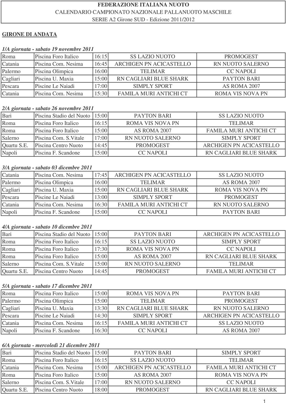 Maxia 15:00 RN CAGLIARI BLUE SHARK PAYTON BARI Pescara Piscine Le Naiadi 17:00 SIMPLY SPORT AS ROMA 2007 Catania Piscina Com.