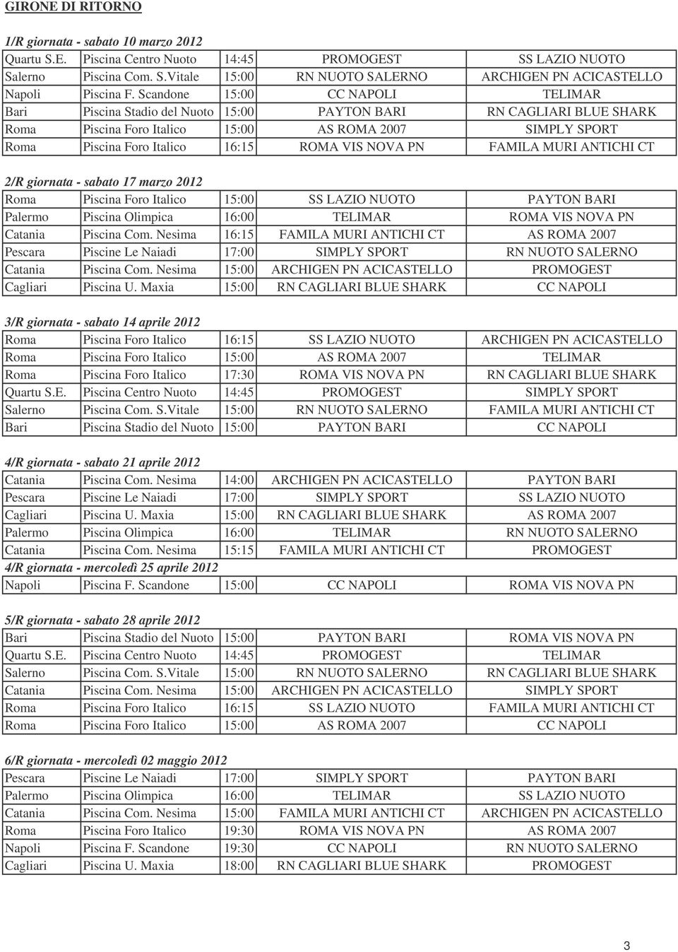 VIS NOVA PN FAMILA MURI ANTICHI CT 2/R giornata - sabato 17 marzo 2012 Roma Piscina Foro Italico 15:00 SS LAZIO NUOTO PAYTON BARI Palermo Piscina Olimpica 16:00 TELIMAR ROMA VIS NOVA PN Catania