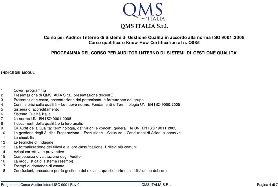 Sistema di accreditamento 6 Sistema Qualità Italia 7 La norma UNI EN ISO 9001:2008 8 I documenti della qualità e la loro analisi 9 Gli Audit della Qualità: terminologia, definizioni e concetti
