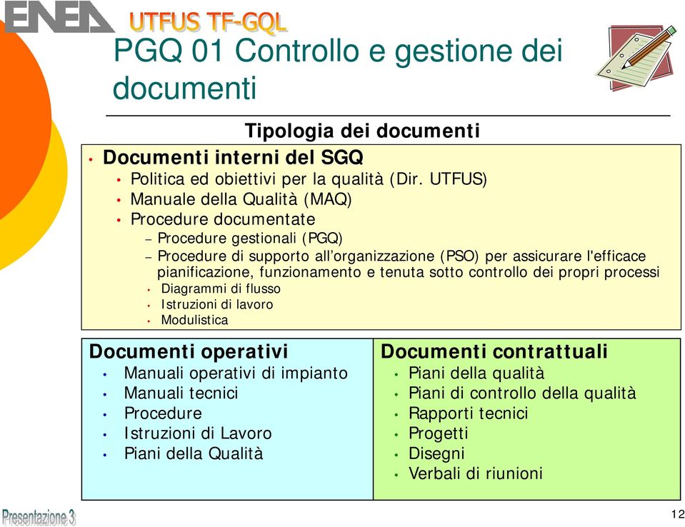 pianificazione, funzionamento e tenuta sotto controllo dei propri processi Diagrammi di flusso Istruzioni di lavoro Modulistica Documenti operativi Manuali operativi