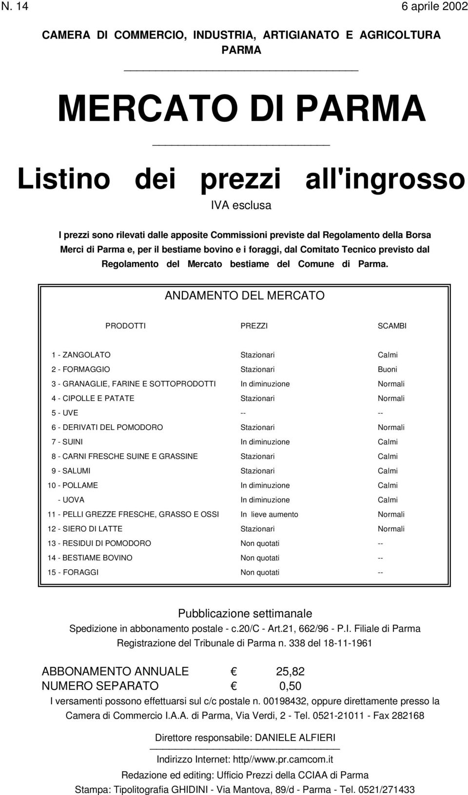 ANDAMENTO DEL MERCATO PRODOTTI PREZZI SCAMBI 1 - ZANGOLATO Stazionari Calmi 2 - FORMAGGIO Stazionari Buoni 3 - GRANAGLIE, FARINE E SOTTOPRODOTTI In diminuzione Normali 4 - CIPOLLE E PATATE Stazionari