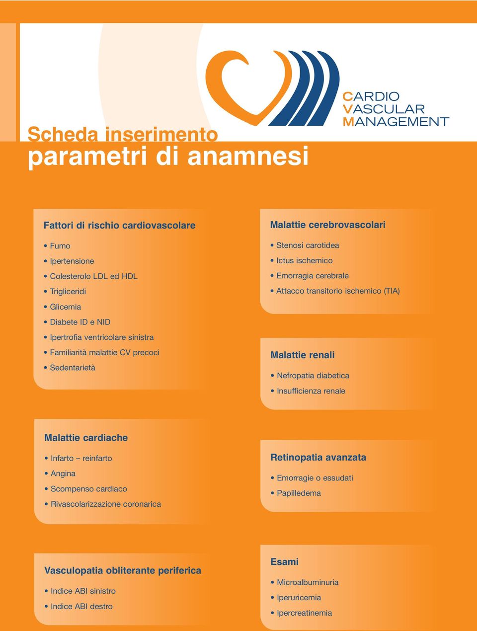 ischemico (TIA) Malattie renali Nefropatia diabetica Insufficienza renale Malattie cardiache Infarto reinfarto Angina Scompenso cardiaco Rivascolarizzazione coronarica