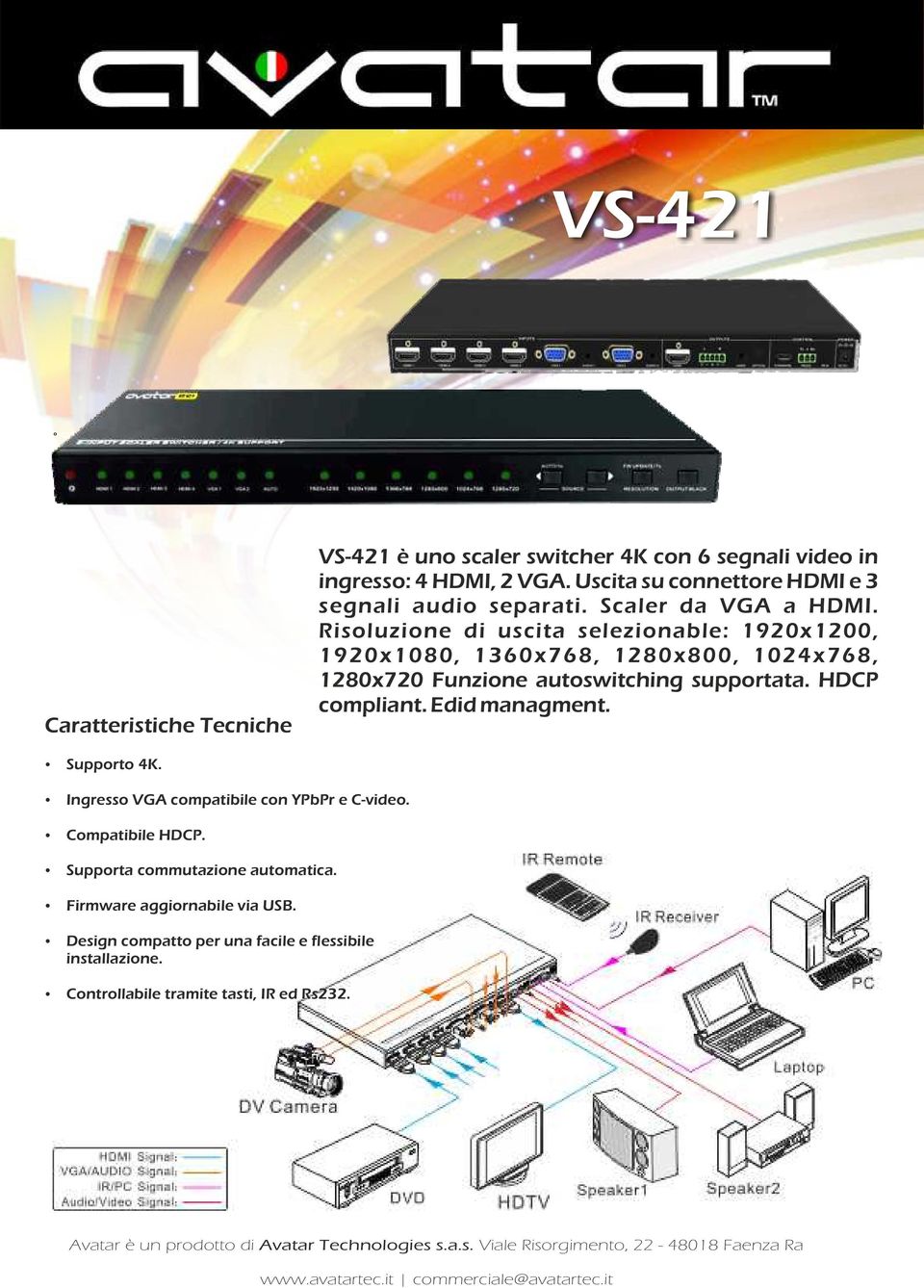 Risoluzione di uscita selezionable: 1920x1200, 1920x1080, 1360x768, 1280x800, 1024x768, 1280x720 Funzione autoswitching supportata. HDCP compliant.