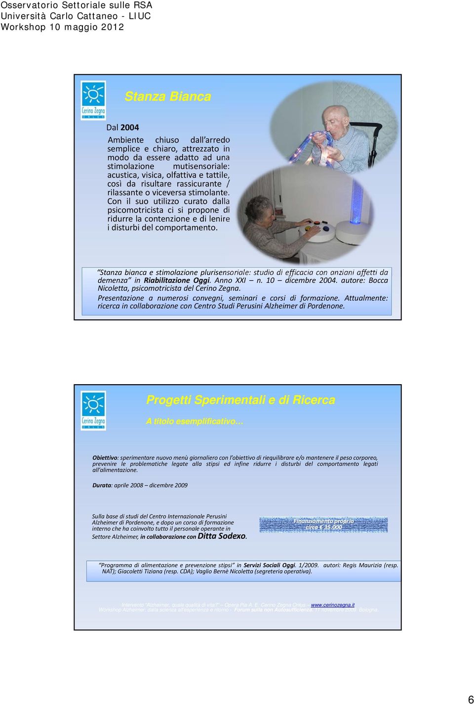 Stanza bianca e stimolazione plurisensoriale: studio di efficacia con anziani affetti da demenza in Riabilitazione Oggi. Anno XXI n. 10 dicembre 2004.