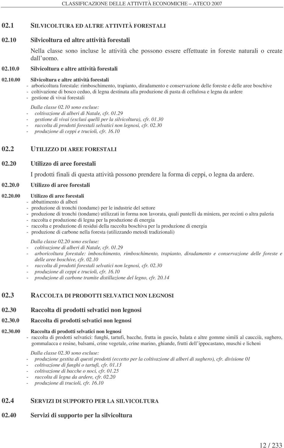 10.00 Silvicoltura e altre attività forestali - arboricoltura forestale: rimboschimento, trapianto, diradamento e conservazione delle foreste e delle aree boschive - coltivazione di bosco ceduo, di