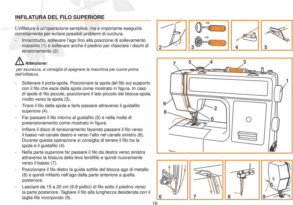 Attenzione: per sicurezza, si consiglia di spegnere la macchina per cucire prima dell infi latura. - Sollevare il porta-spola.