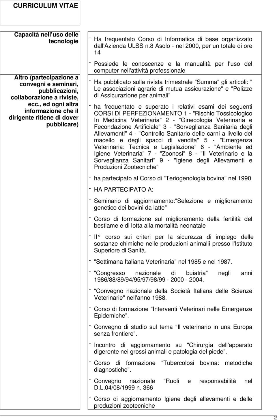 8 Asolo - nel 2000, per un totale di ore 14 - Possiede le conoscenze e la manualità per l'uso del computer nell'attività professionale - Ha pubblicato sulla rivista trimestrale "Summa" gli articoli: