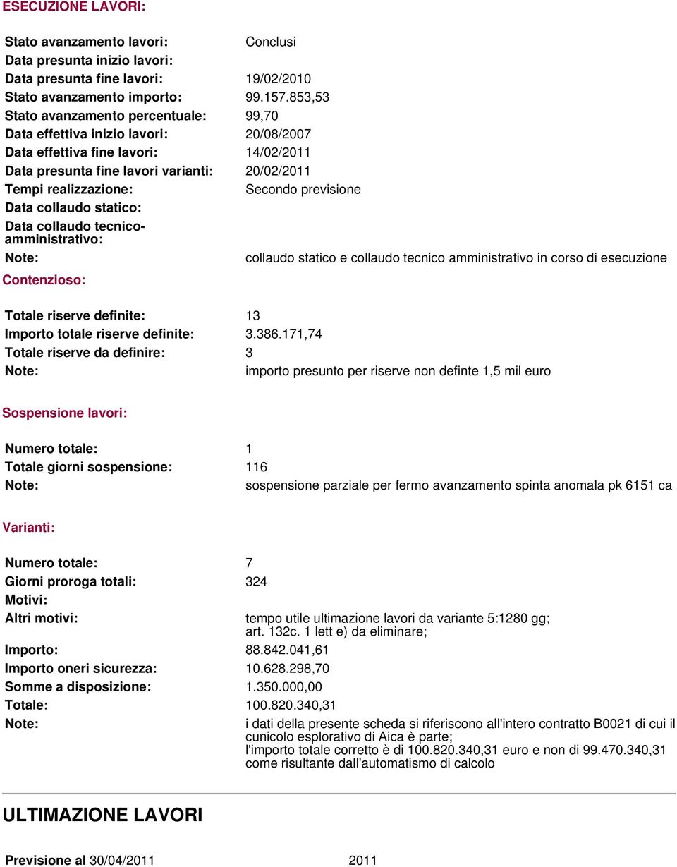 previsione Data collaudo statico: Data collaudo tecnicoamministrativo: collaudo statico e collaudo tecnico amministrativo in corso di esecuzione Contenzioso: Totale riserve definite: 13 Importo