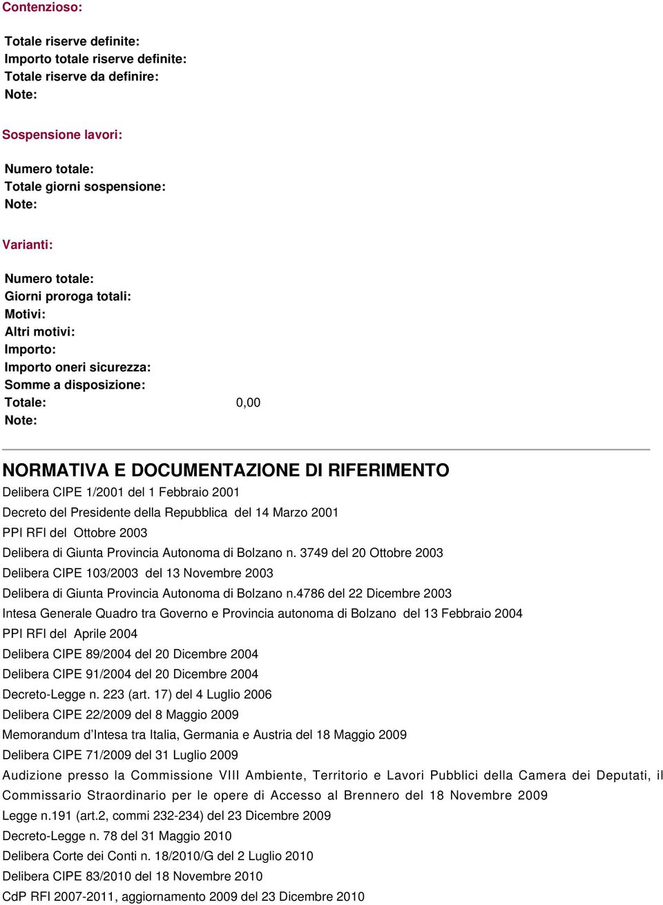 RFI del Ottobre 2003 Delibera di Giunta Provincia Autonoma di Bolzano n. 3749 del 20 Ottobre 2003 Delibera CIPE 103/2003 del 13 Novembre 2003 Delibera di Giunta Provincia Autonoma di Bolzano n.