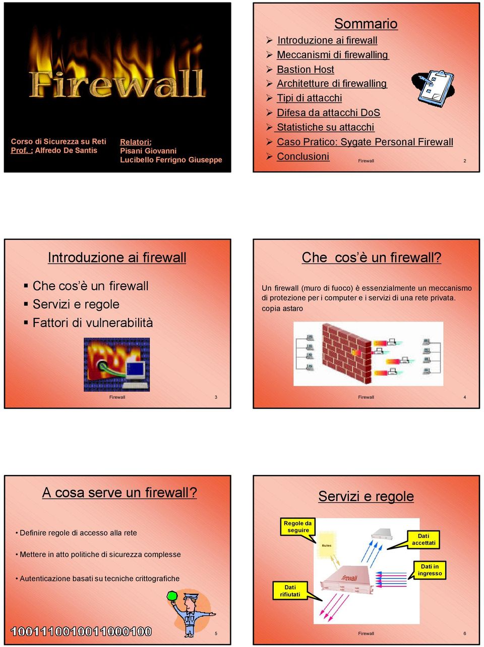 firewalling Tipi di attacchi Difesa da attacchi DoS Statistiche su attacchi Caso Pratico: Sygate Personal Firewall Introduzione ai firewall Che cos è un firewall Servizi e regole Fattori di