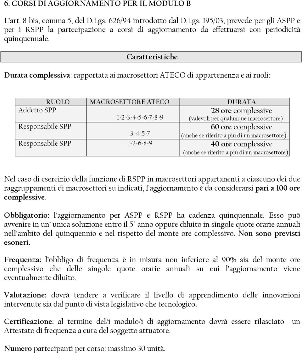 Caratteristiche Durata complessiva: rapportata ai macrosettori ATECO di appartenenza e ai ruoli: RUOLO MACROSETTORE ATECO DURATA Addetto SPP 28 ore complessive 1-2-3-4-5-6-7-8-9 (valevoli per