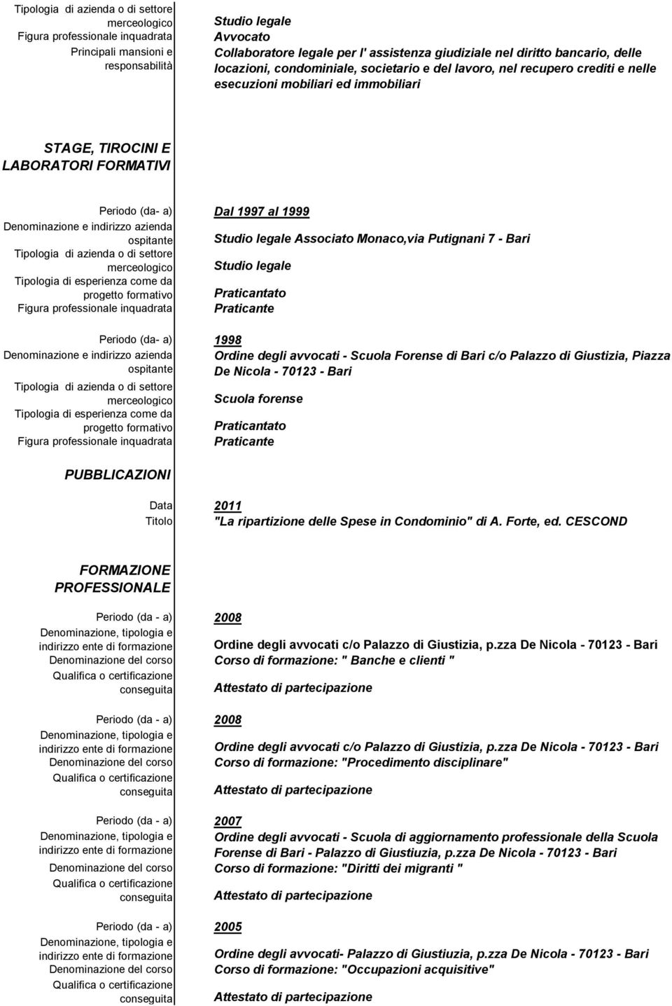 esperienza come da progetto formativo Praticantato Praticante 1998 Denominazione e indirizzo azienda ospitante Tipologia di esperienza come da progetto formativo PUBBLICAZIONI Ordine degli avvocati -