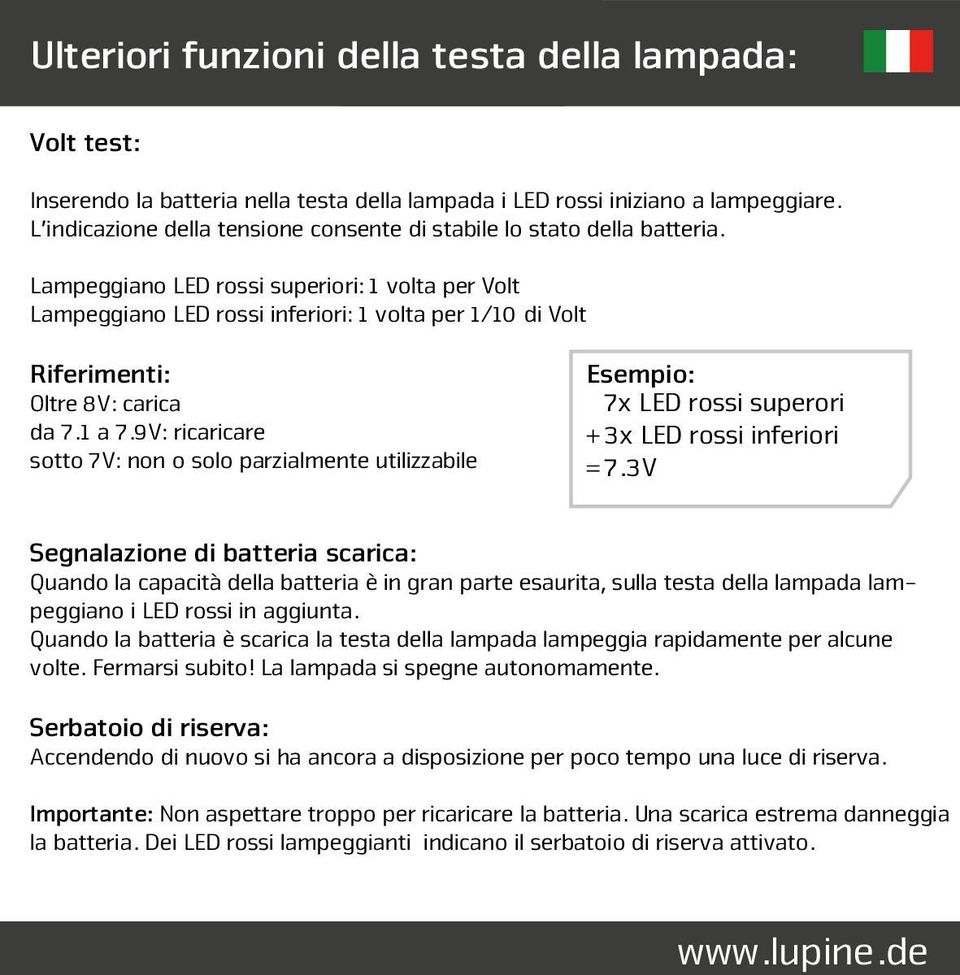 Lampeggiano LED rossi superiori: 1 volta per Volt Lampeggiano LED rossi inferiori: 1 volta per 1/10 di Volt Riferimenti: Oltre 8V: carica da 7.1 a 7.