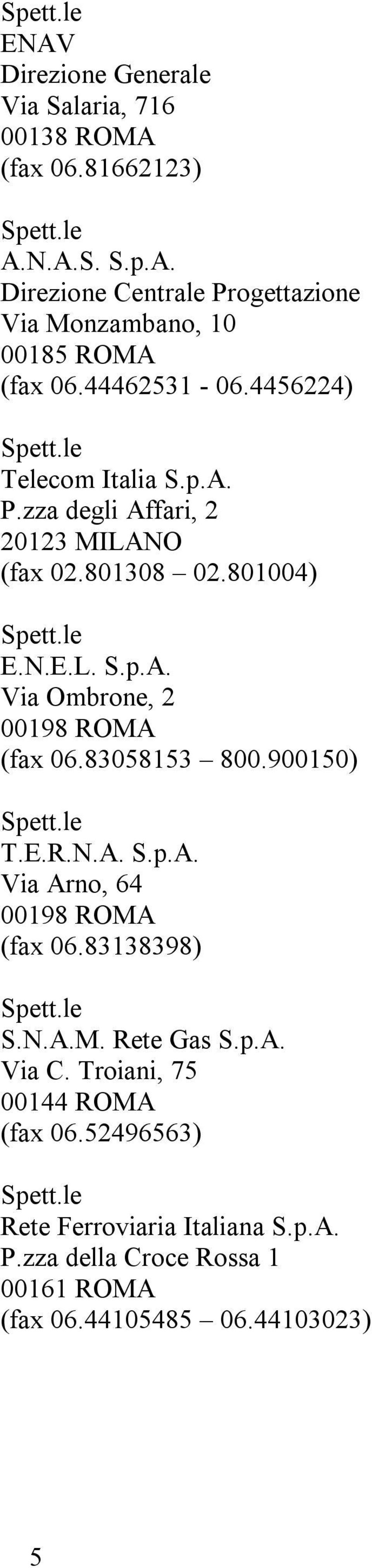 83058153 800.900150) T.E.R.N.A. S.p.A. Via Arno, 64 00198 ROMA (fax 06.83138398) S.N.A.M. Rete Gas S.p.A. Via C.