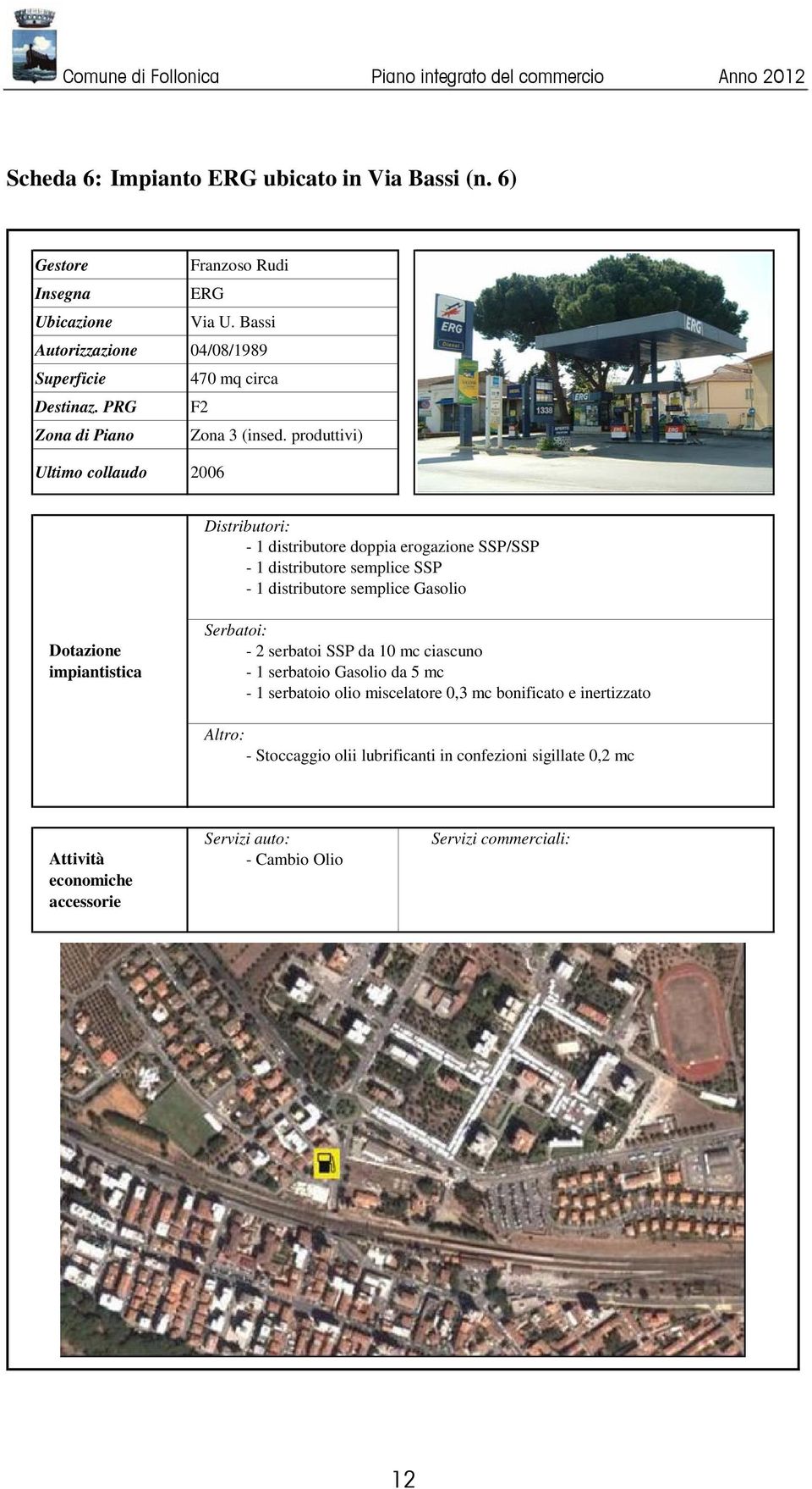 produttivi) Ultimo collaudo 2006 Distributori: - 1 distributore doppia erogazione SSP/SSP - 1 distributore semplice SSP - 1 distributore semplice Gasolio Dotazione