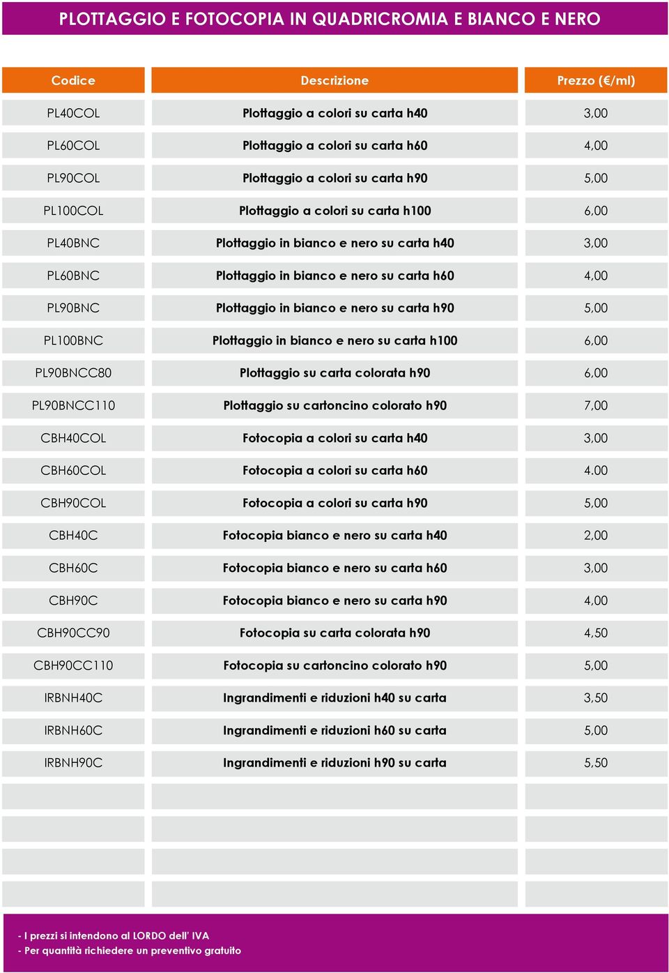 bianco e nero su carta h90 PLBNC Plottaggio in bianco e nero su carta h 6,00 PL90BNCC80 Plottaggio su carta colorata h90 6,00 PL90BNCC110 Plottaggio su cartoncino colorato h90 7,00 CBH40COL Fotocopia