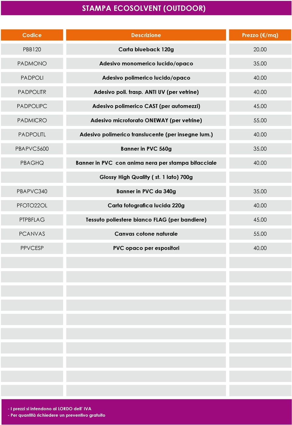 ANTI UV (per vetrine) 40,00 PADPOLIPC Adesivo polimerico CAST (per automezzi) 4 PADMICRO Adesivo microforato ONEWAY (per vetrine) 5 PADPOLITL Adesivo polimerico translucente (per insegne lum.