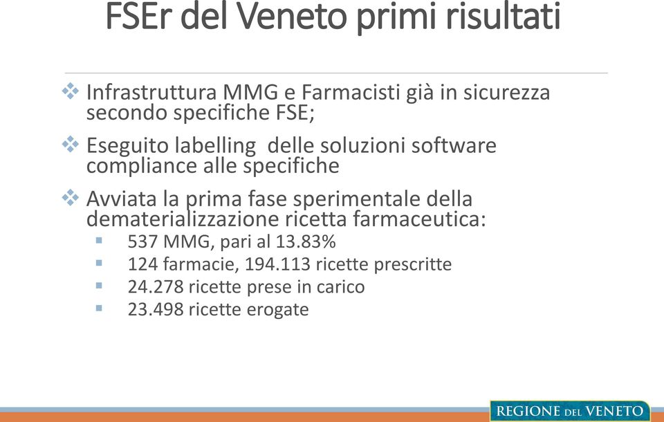 la prima fase sperimentale della dematerializzazione ricetta farmaceutica: 537 MMG, pari al 13.