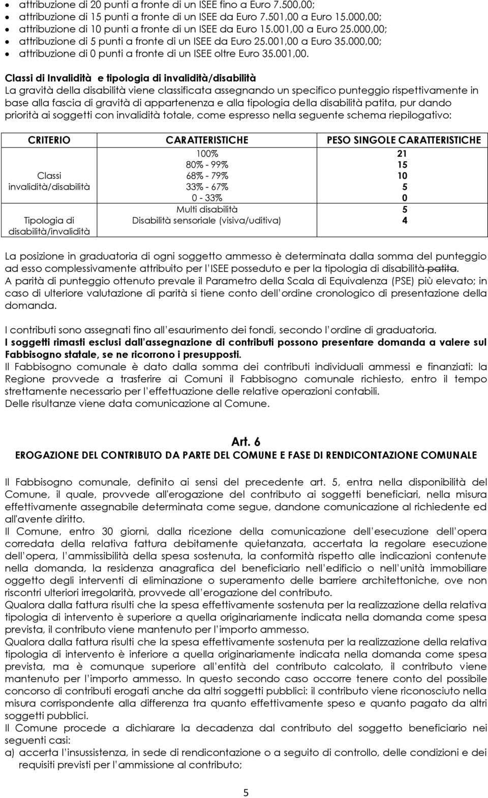 000,00; attribuzione di 0 punti a fronte di un ISEE oltre Euro 35.001,00.