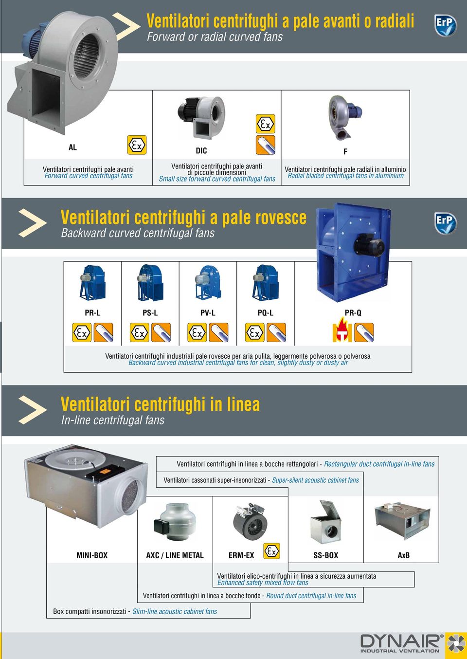 curved centrifugal fans PR-L PS-L PV-L PQ-L PR-Q Ventilatori centrifughi industriali pale rovesce per aria pulita, leggermente polverosa o polverosa Backward curved industrial centrifugal fans for