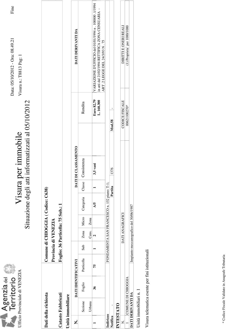 : 1 Unità immobiliare N. DATI IDENTIFICATIVI DATI DI CLASSAMENTO DATI DERIVANTI DA Sezione Foglio Particella Sub Zona Micro Categoria Classe Consistenza Rendita Urbana Cens.