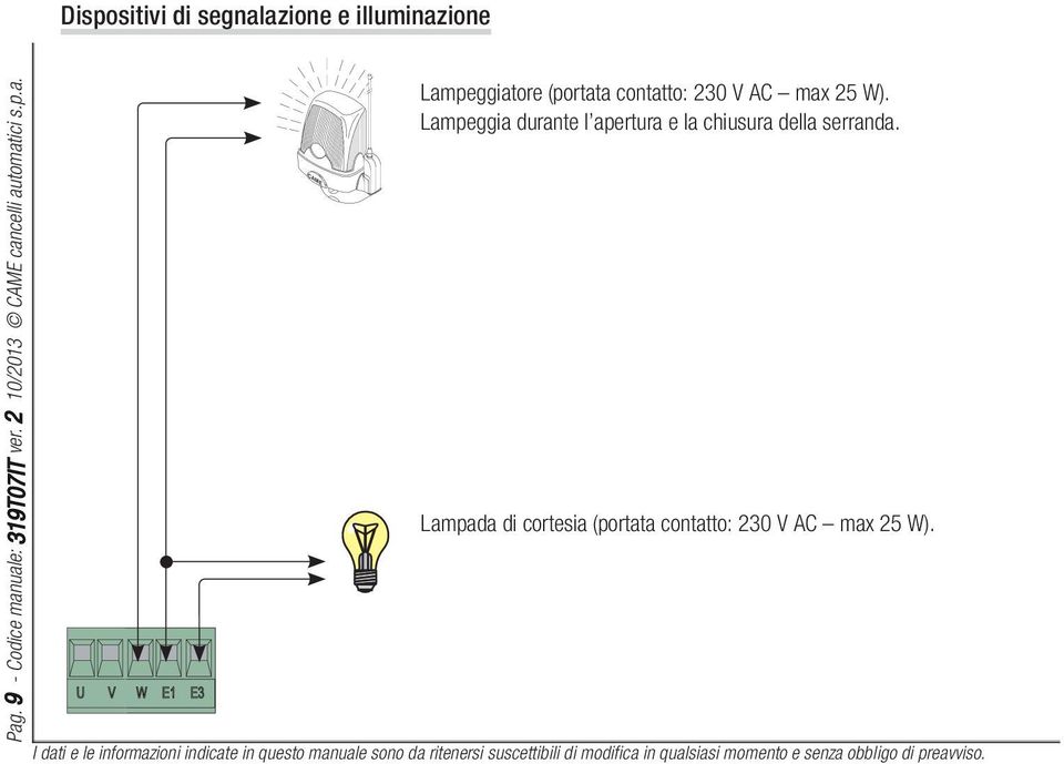 a. Lampeggiatore (portata contatto: 230 V AC max 25 W).