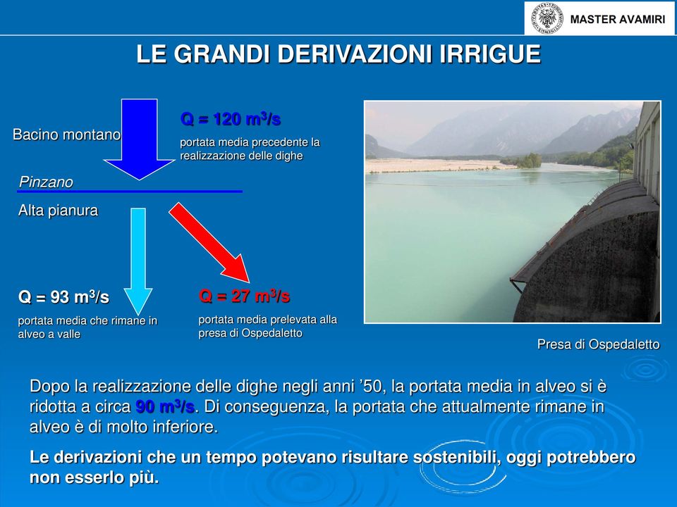 Dopo la realizzazione delle dighe negli anni 50, la portata media in alveo si è ridotta a circa 90 m 3 /s.