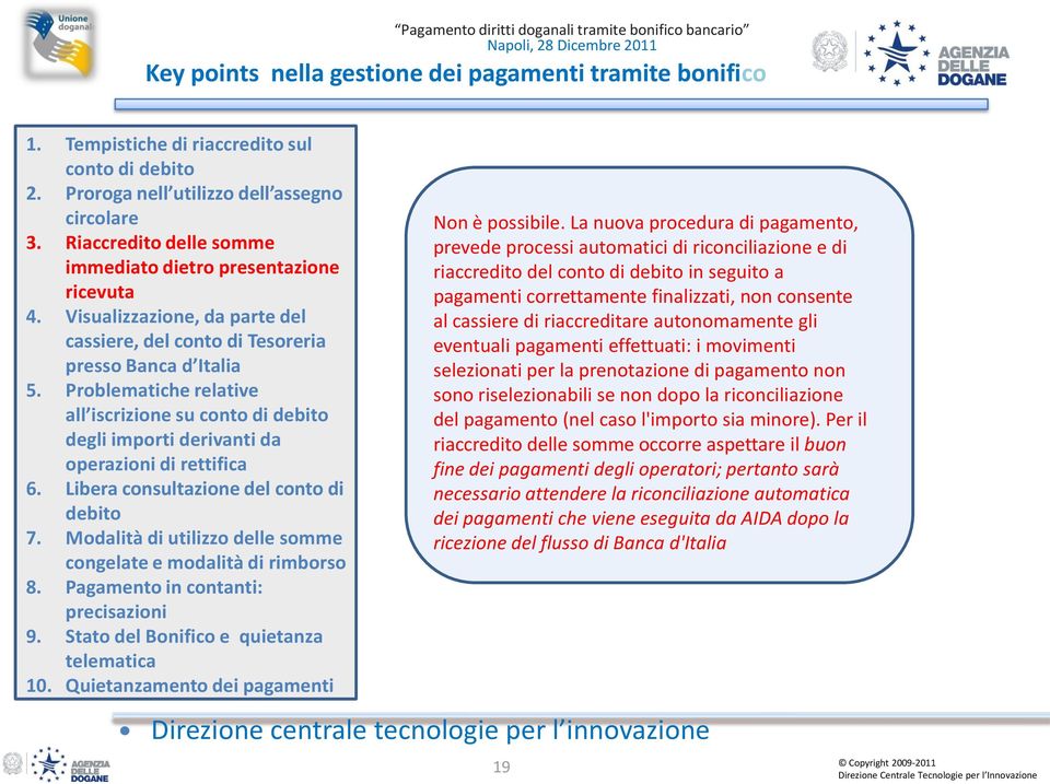 Problematiche relative all iscrizione su conto di debito degli importi derivanti da operazioni di rettifica 6. Libera consultazione del conto di debito 7.