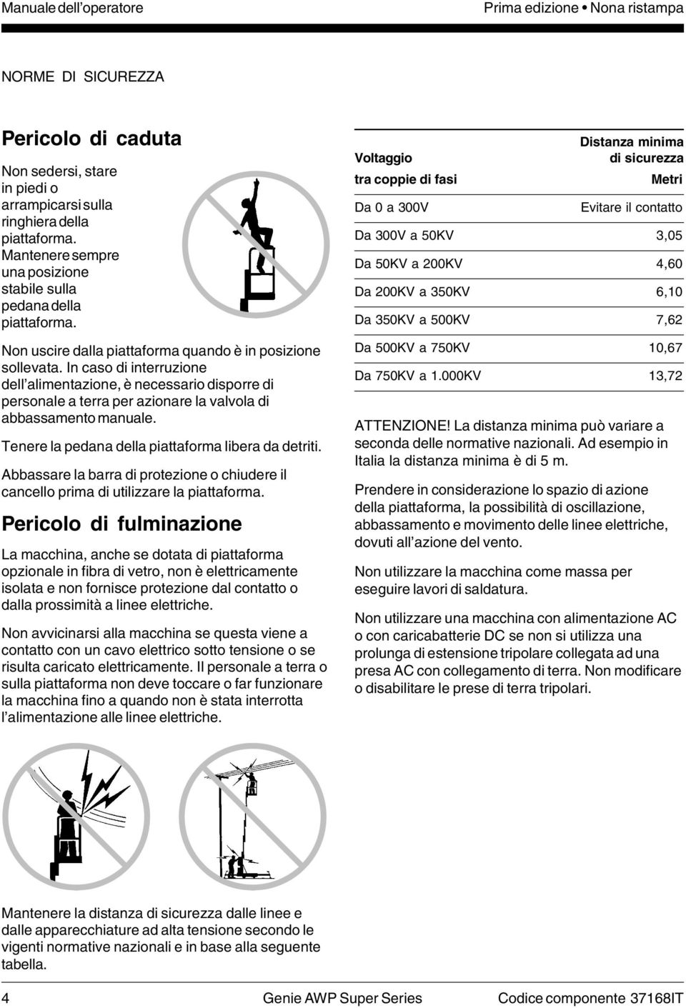 In caso di interruzione dell alimentazione, è necessario disporre di personale a terra per azionare la valvola di abbassamento manuale. Tenere la pedana della piattaforma libera da detriti.