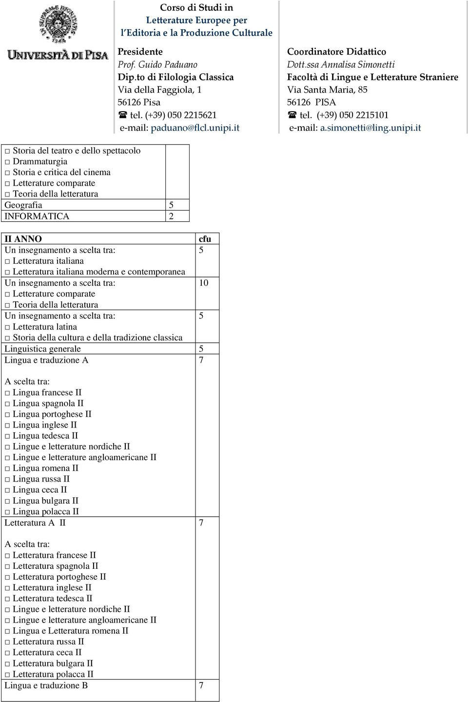 Lingua francese II Lingua spagnola II Lingua portoghese II Lingua inglese II Lingua tedesca II I Lingua romena II Lingua russa II Lingua ceca II Lingua bulgara II Lingua polacca II Letteratura A II