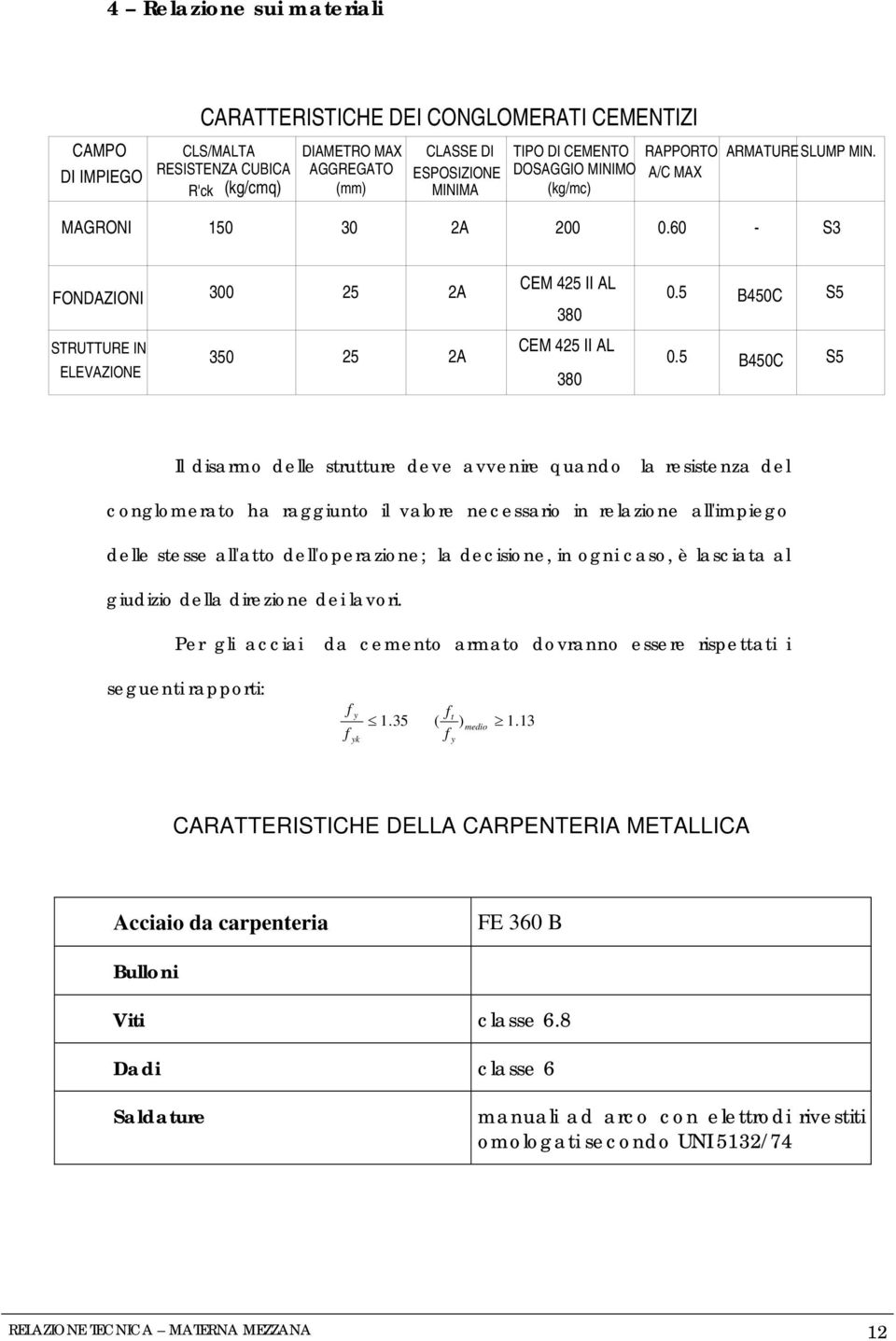 60 - S3 FONDAZIONI 300 25 2A STRUTTURE IN ELEVAZIONE CEM 425 II AL 380 0.5 B450C 350 25 2A CEM 425 II AL 0.