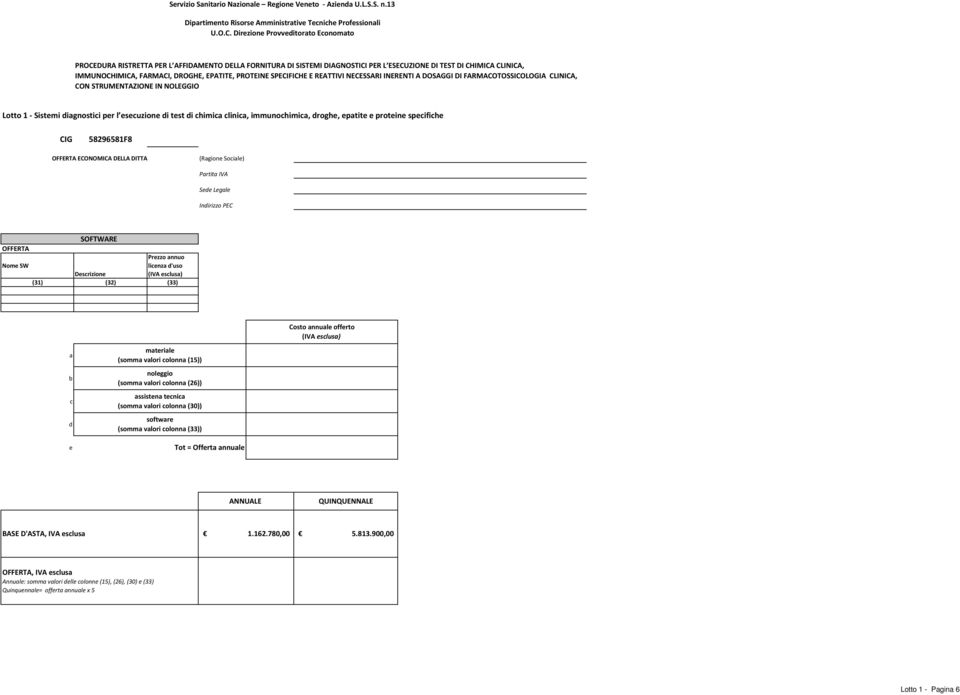 valori colonna (33)) Tot = Offerta annuale ANNUALE QUINQUENNALE BASE D'ASTA, IVA esclusa 1.162.780,00 5.813.