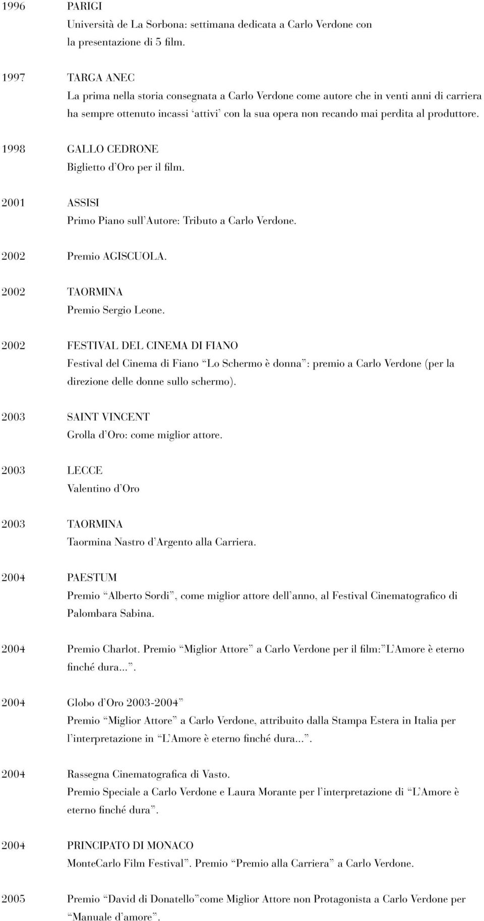 1998 GALLO CEDRONE 2001 ASSISI Primo Piano sull Autore: Tributo a Carlo Verdone. 2002 Premio AGISCUOLA. 2002 TAORMINA Premio Sergio Leone.