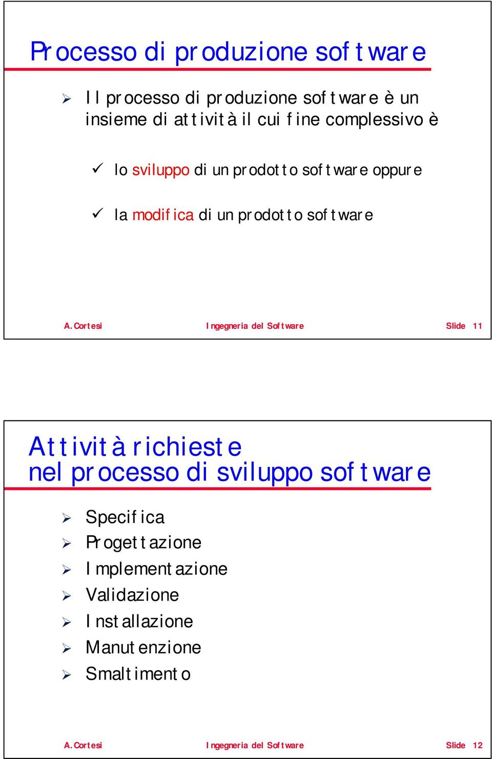 Cortesi Ingegneria del Software Slide 11 Attività richieste nel processo di sviluppo software Specifica