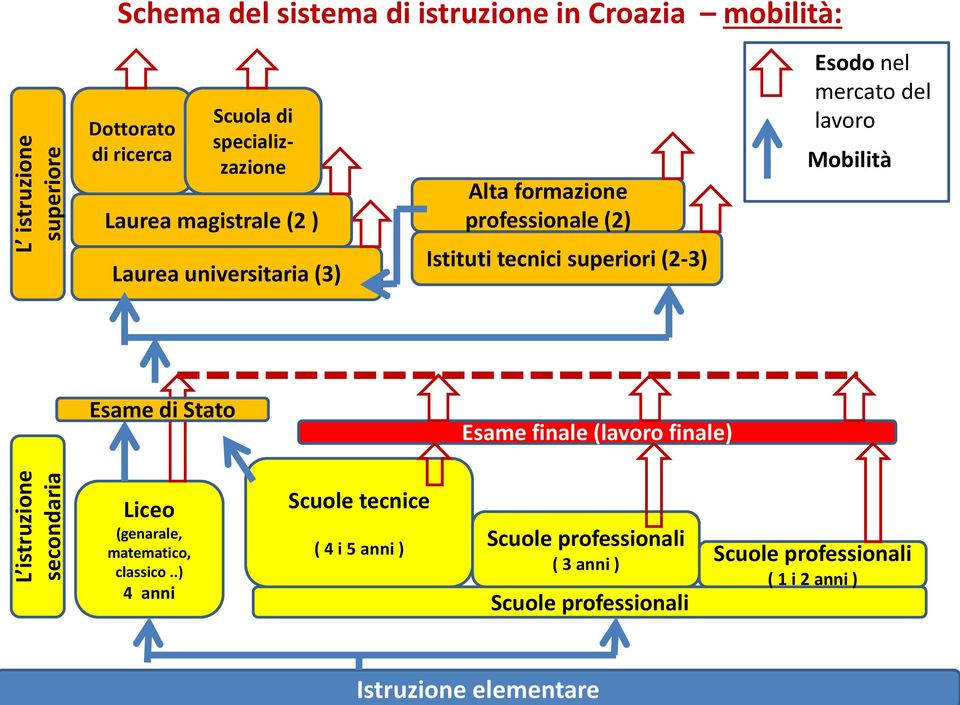 tecnici superiori (2-3) Esodo nel mercato del lavoro Mobilità Esame di Stato Esame finale (lavoro finale) Liceo (genarale,