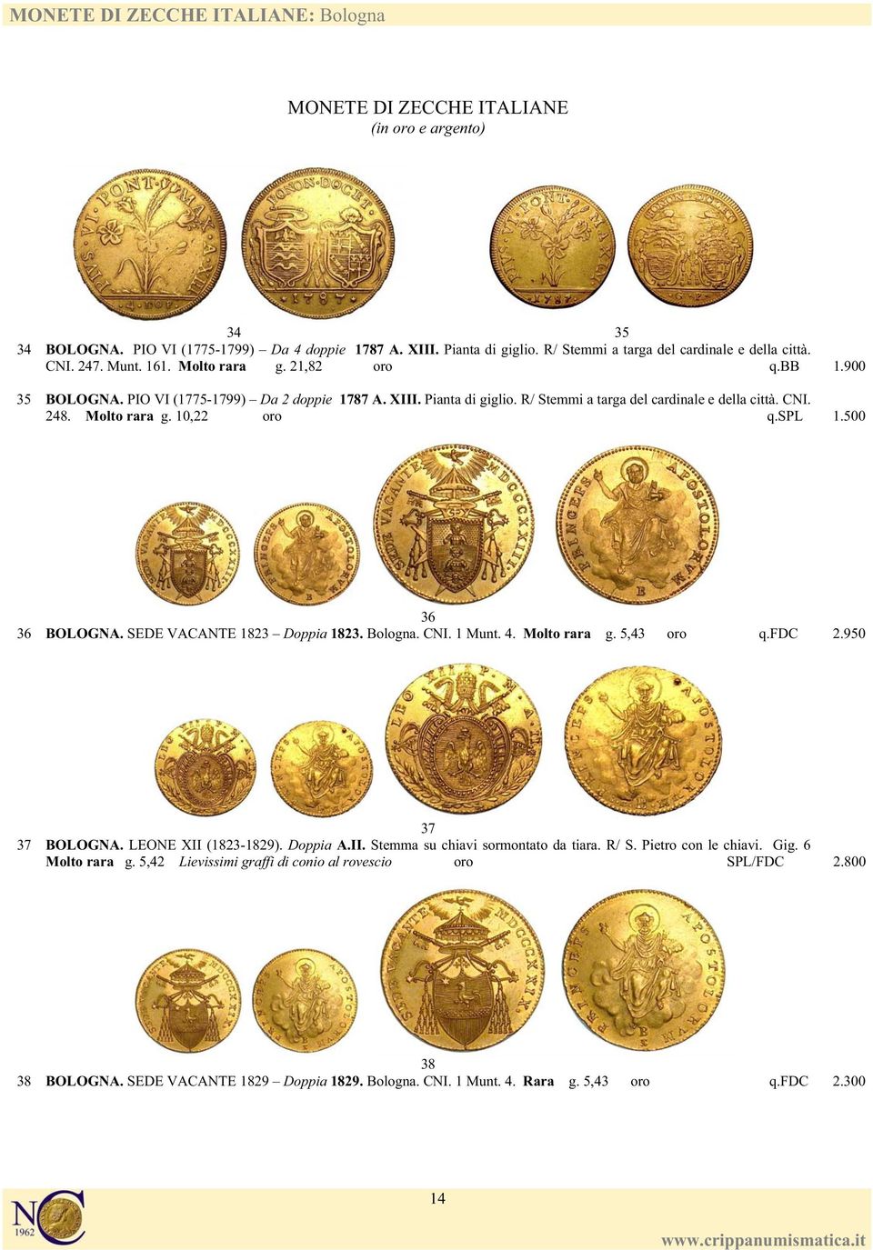 R/ Stemmi a targa del cardinale e della città. CNI. 248. Molto rara g. 10,22 oro q.spl 1.500 36 36 BOLOGNA. SEDE VACANTE 1823 Doppia 1823. Bologna. CNI. 1 Munt. 4. Molto rara g. 5,43 oro q.fdc 2.