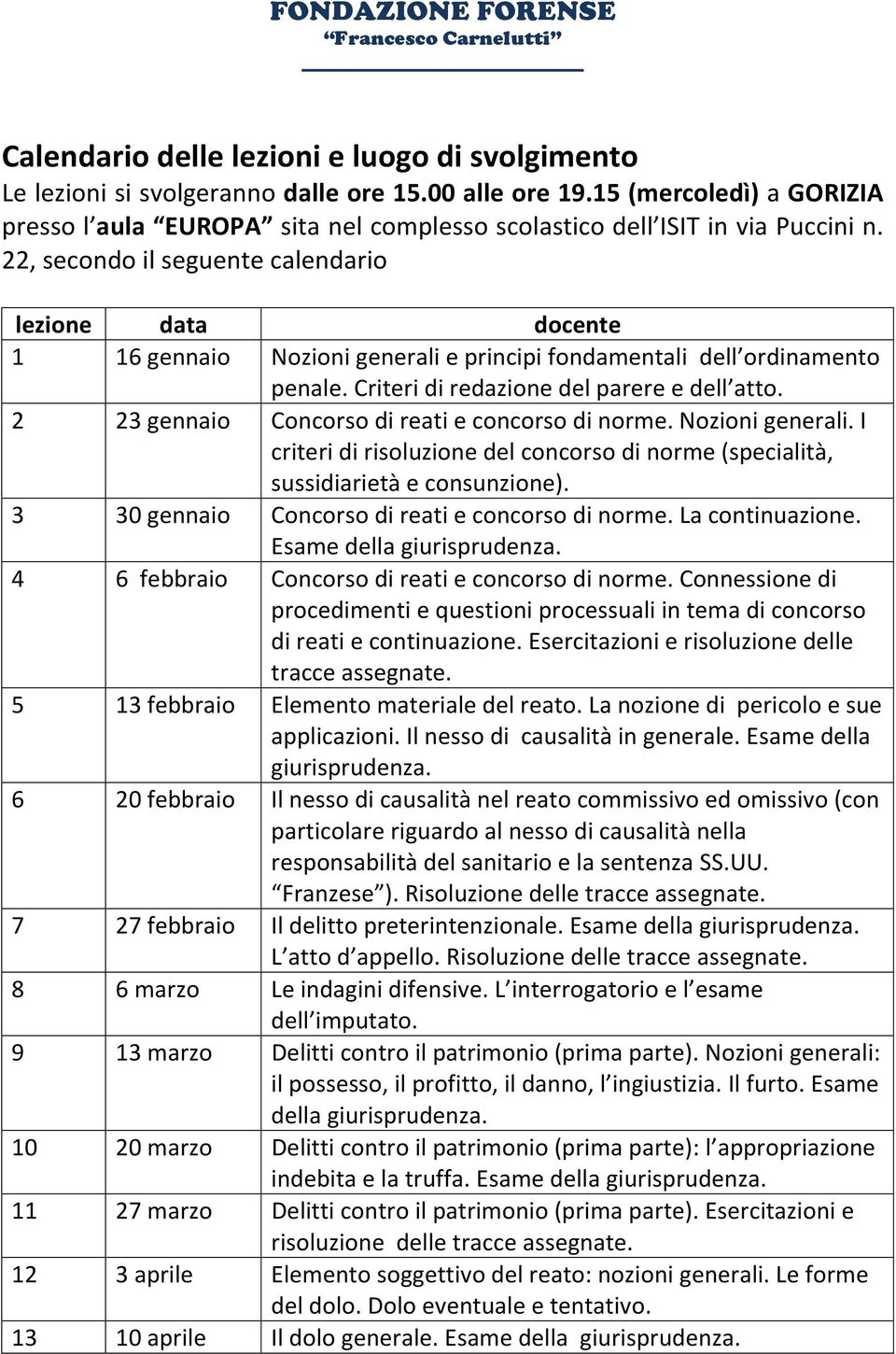 22, secondo il seguente calendario lezione data docente 1 16 gennaio Nozioni generali e principi fondamentali dell ordinamento penale. Criteri di redazione del parere e dell atto.