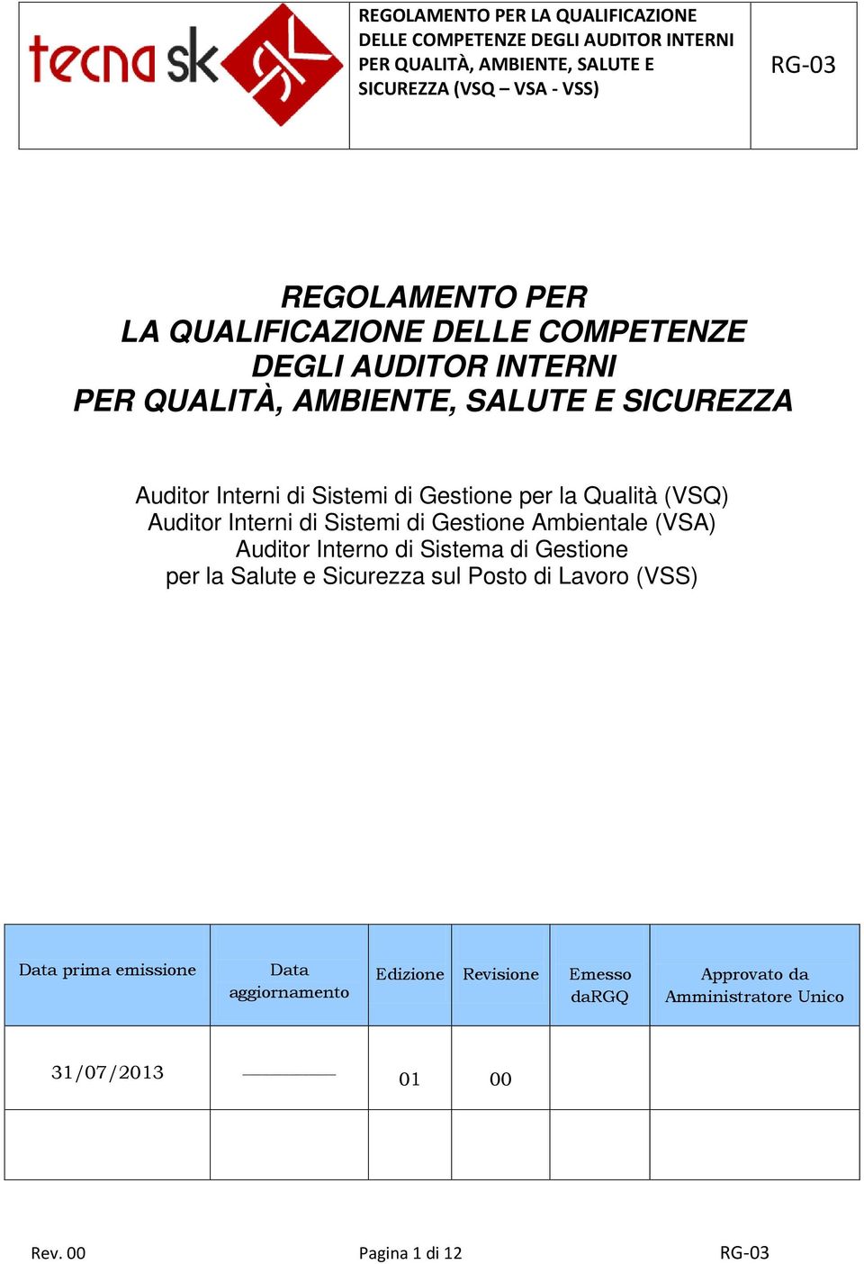 Interno di Sistema di Gestione per la Salute e Sicurezza sul Posto di Lavoro (VSS) Data prima emissione Data