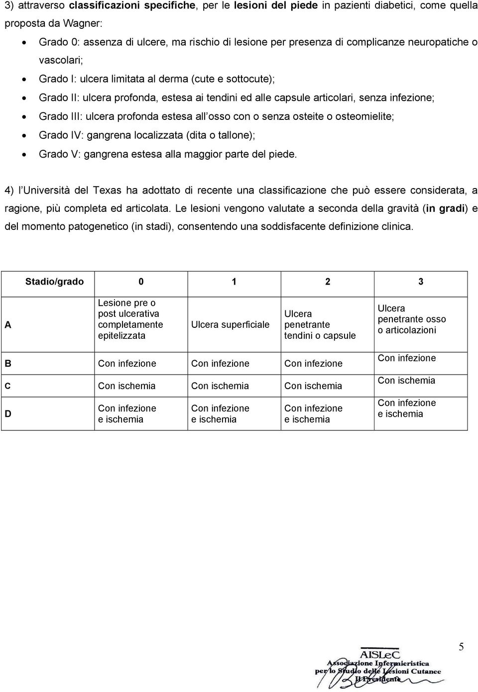 estesa all osso con o senza osteite o osteomielite; Grado IV: gangrena localizzata (dita o tallone); Grado V: gangrena estesa alla maggior parte del piede.