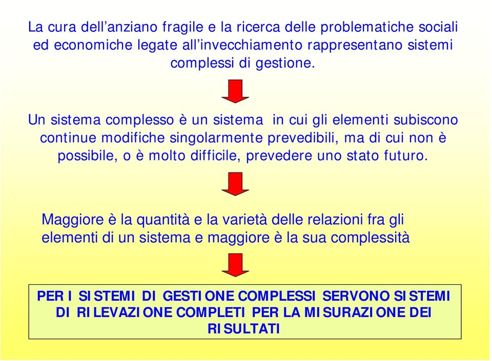 Un sistema complesso è un sistema in cui gli elementi subiscono continue modifiche singolarmente prevedibili, ma di cui non è possibile, o è