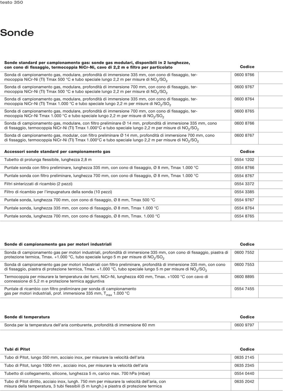 gas, modulare, profondità di immersione 700 mm, con cono di fissaggio, termocoppia NiCr-Ni (TI) Tmax 500 C e tubo speciale lungo 2,2 m per misure di NO 2 /SO 2 Sonda di campionamento gas, modulare,