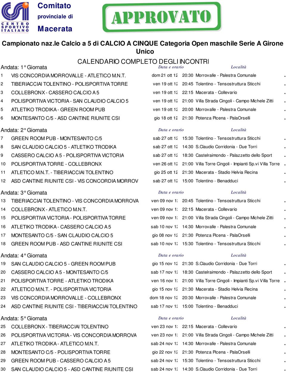 4 POLISPORTIVA VICTORIA - SAN CLAUDIO CALCIO 5 ven 19 ott 12 21:00 Villa Strada Cingoli - Campo Michele Zitti. 5 ATLETIKO TRODIKA - GREEN ROOM PUB ven 19 ott 12 20:00 Morrovalle - Palestra Comunale.