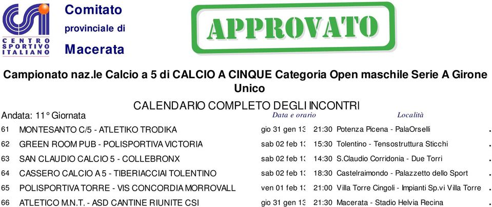 Claudio Corridonia - Due Torri. 64 CASSERO CALCIO A 5 - TIBERIACCIAI TOLENTINO sab 02 feb 13 18:30 Castelraimondo - Palazzetto dello Sport.