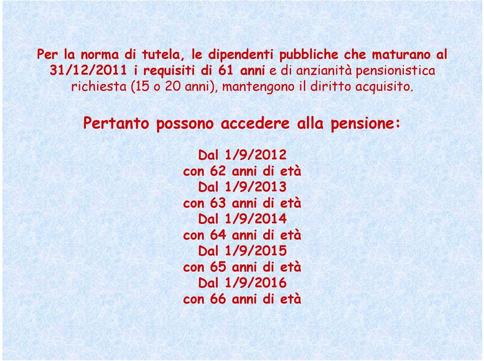 Pertanto possono accedere alla pensione: Dal 1/9/2012 con 62 anni di età Dal 1/9/2013 con 63