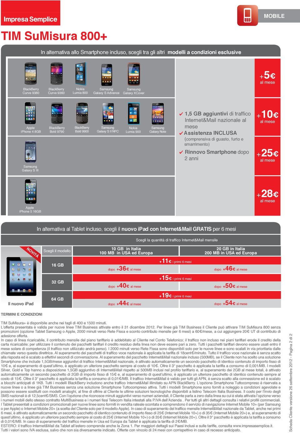 Italia 100 MB in USA ed Europa 20 GB in Italia 200 MB in USA ed Europa 16 GB +36 +11 +46